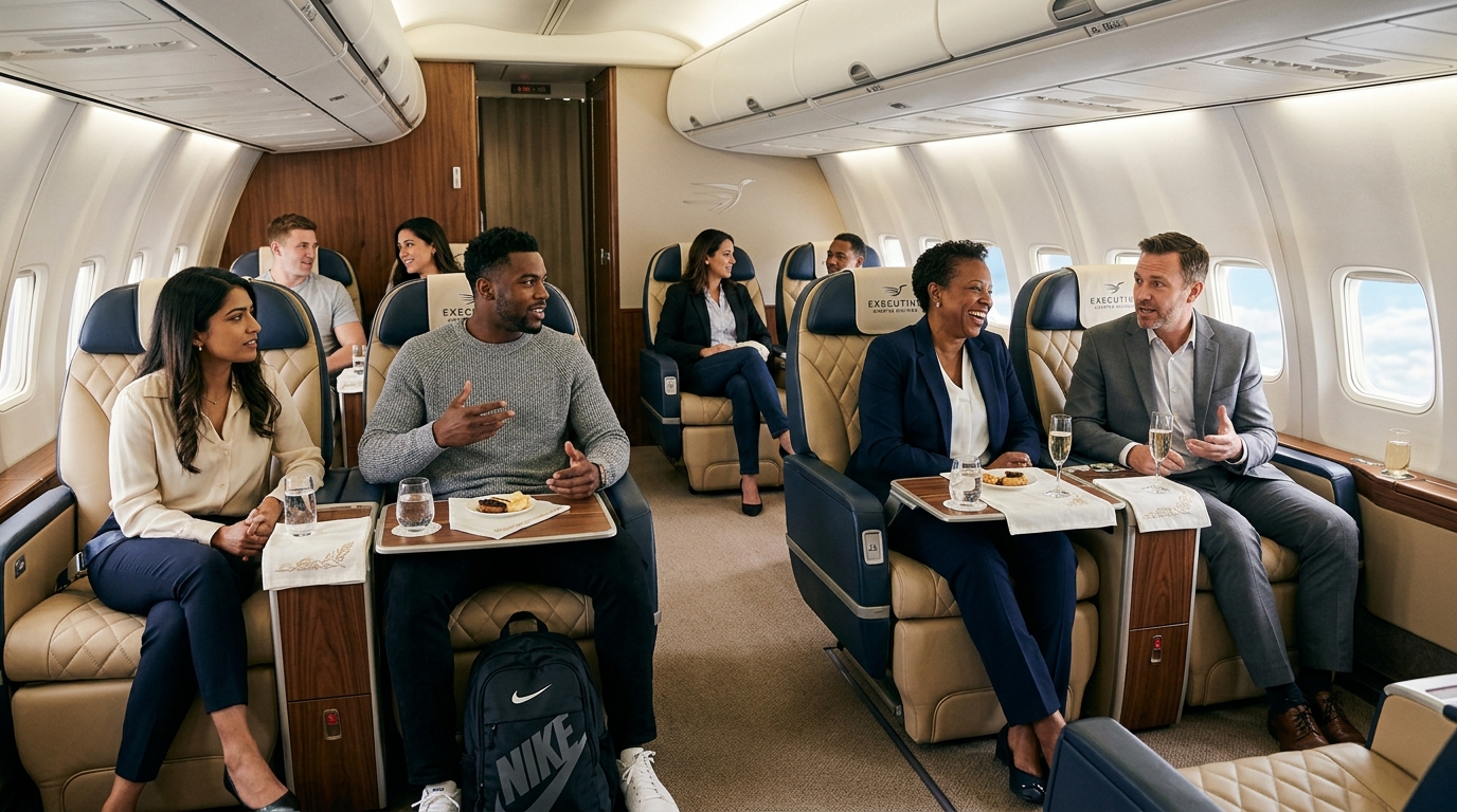 Spacious business class airliner interior with corporate team and athletic group relaxing in leather seats