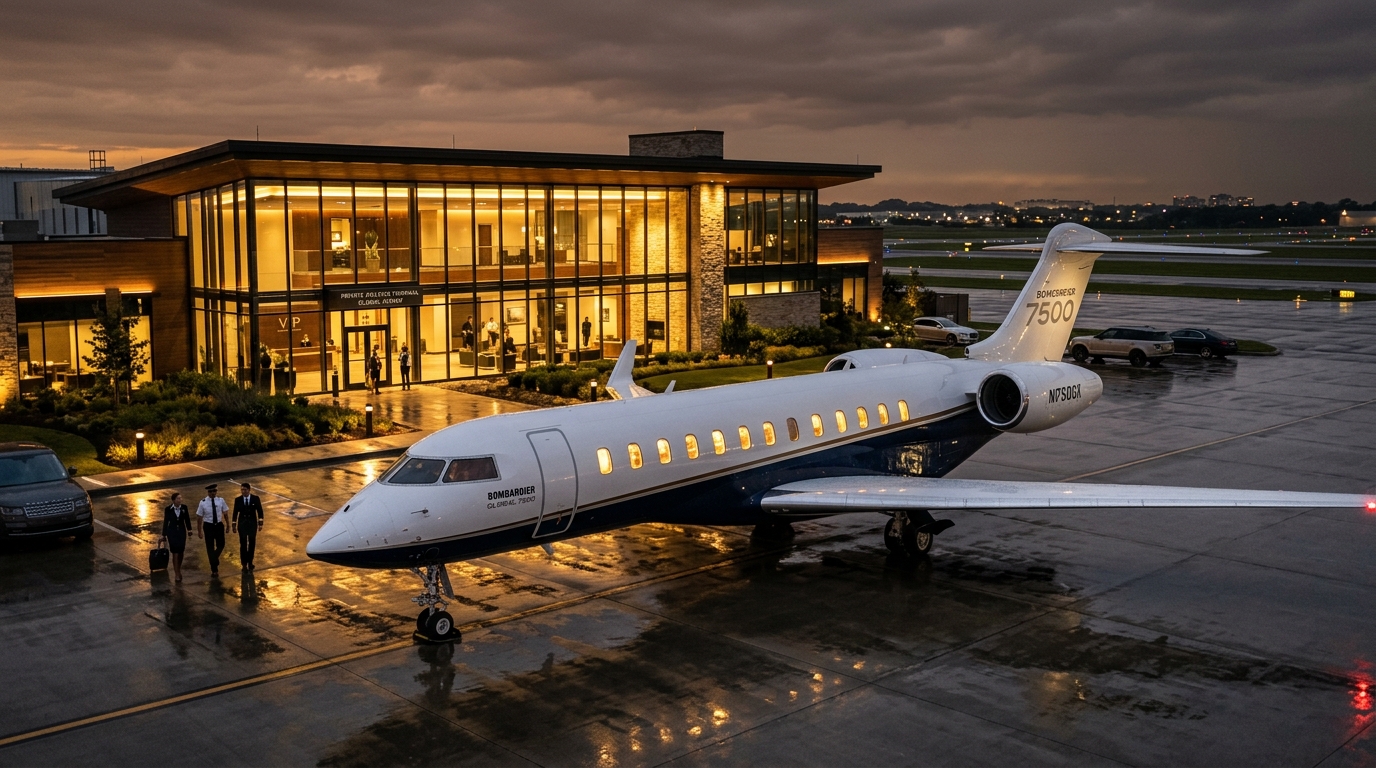 Bombardier Global 7500 executive private jet parked at luxury FBO terminal at dusk