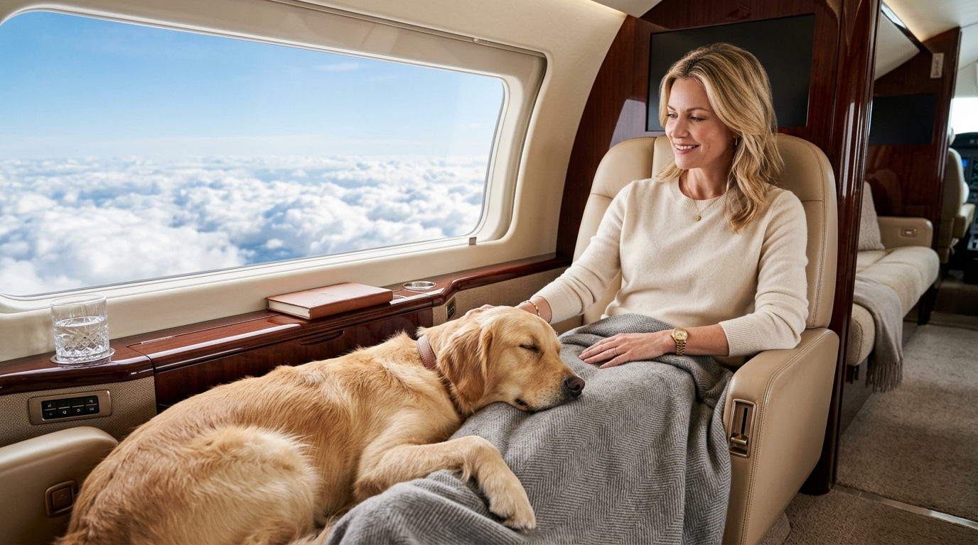 Golden retriever dog resting calmly on blanket in private jet cabin with owner looking out aircraft window