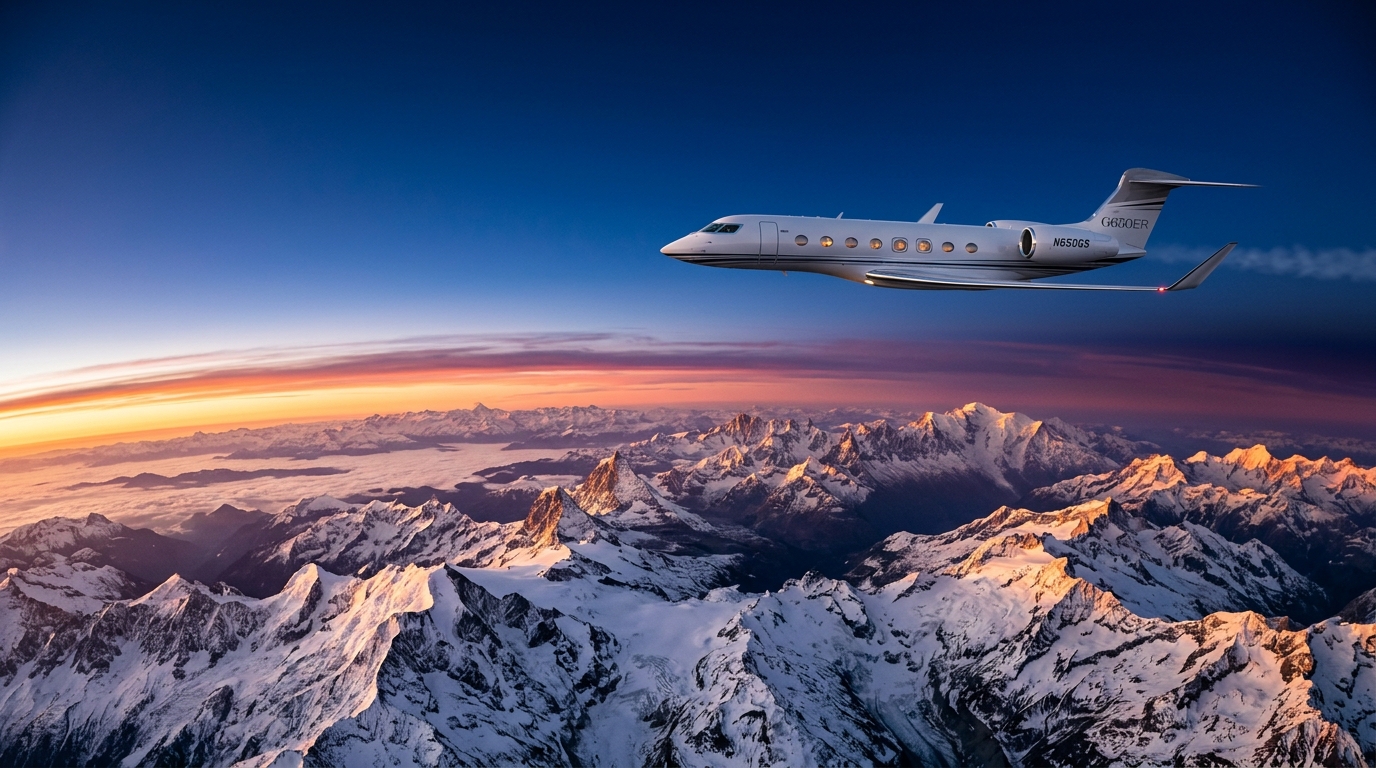 Ultra long range private jet cruising high above snowcapped Swiss Alps during golden sunset
