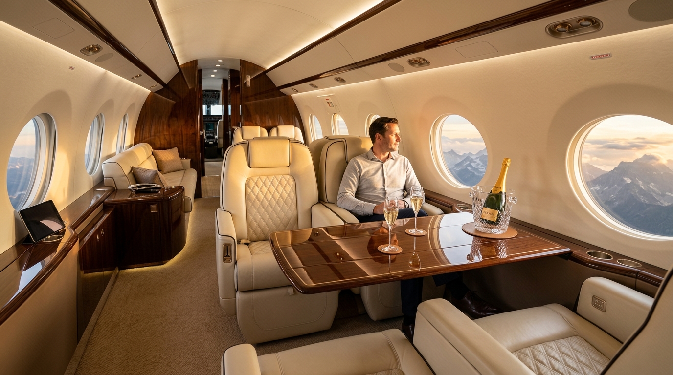Handcrafted leather club seating and mahogany executive worktable inside luxury private jet cabin