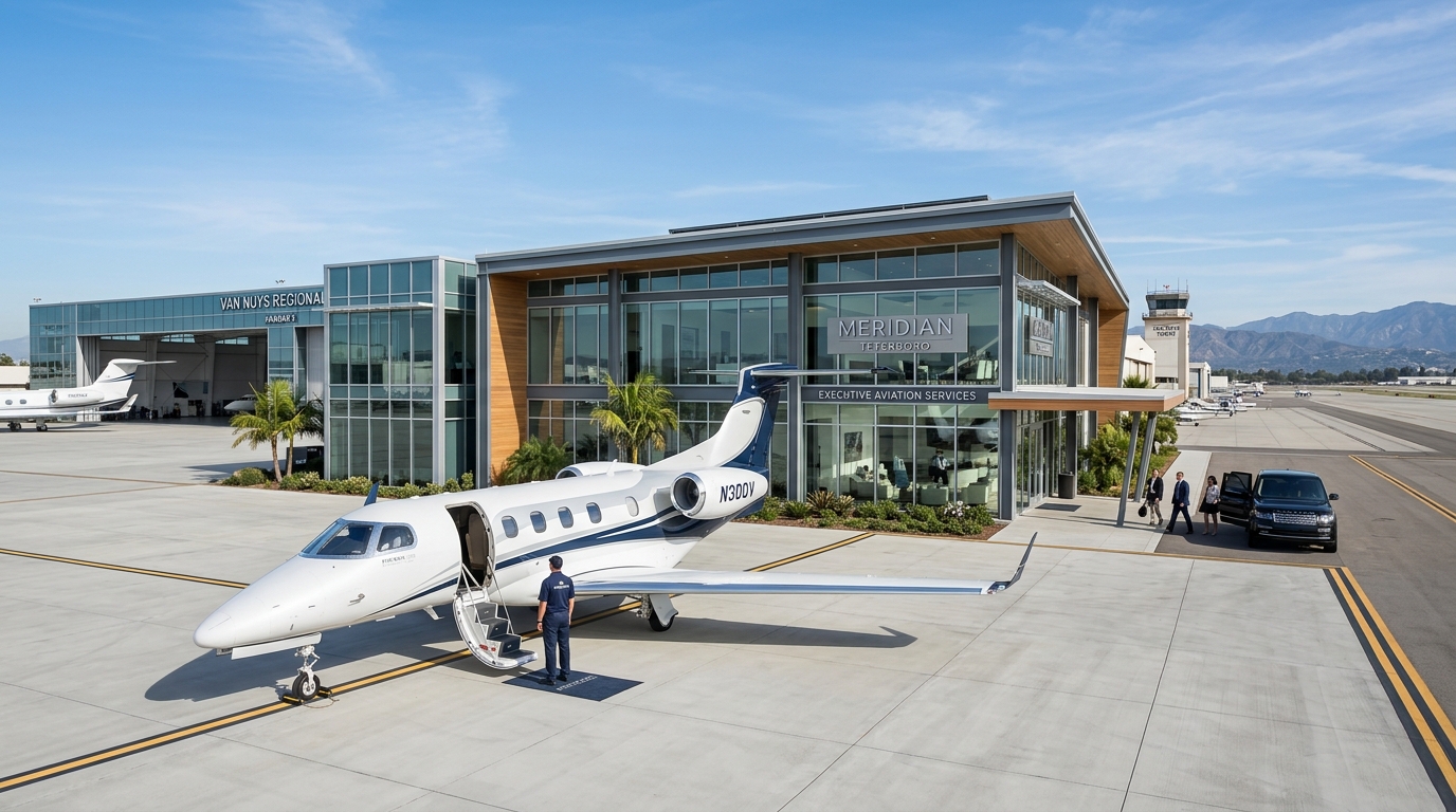 Executive light private jet parked on pristine FBO apron outside modern glass terminal at regional reliever airport