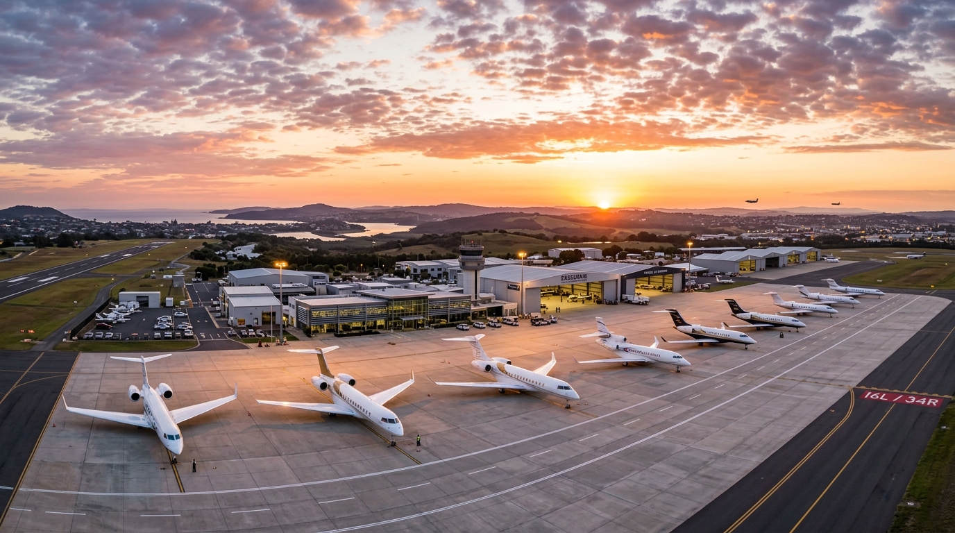 Aerial panorama of private jets on tarmac at luxury executive aviation airport at sunset