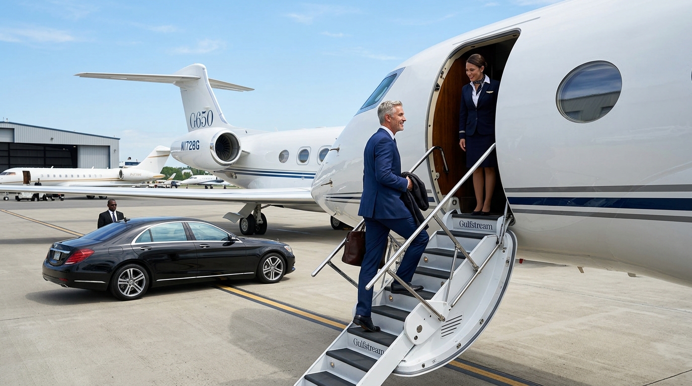 Executive passenger boarding Gulfstream G650 private jet with flight attendant welcoming on ramp
